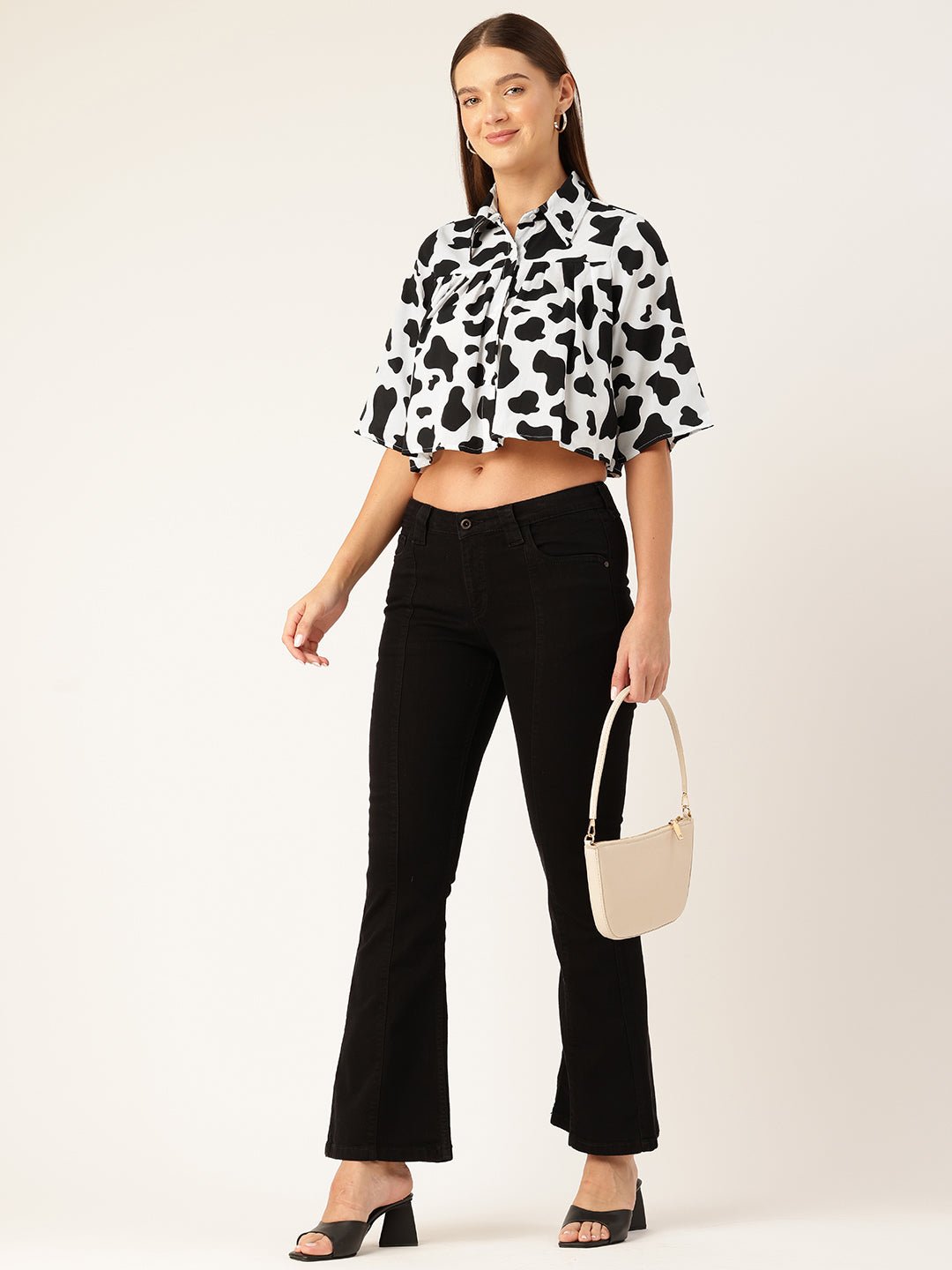 Animal Print Flared Sleeves Shirt Style Crop Top - RueCollections