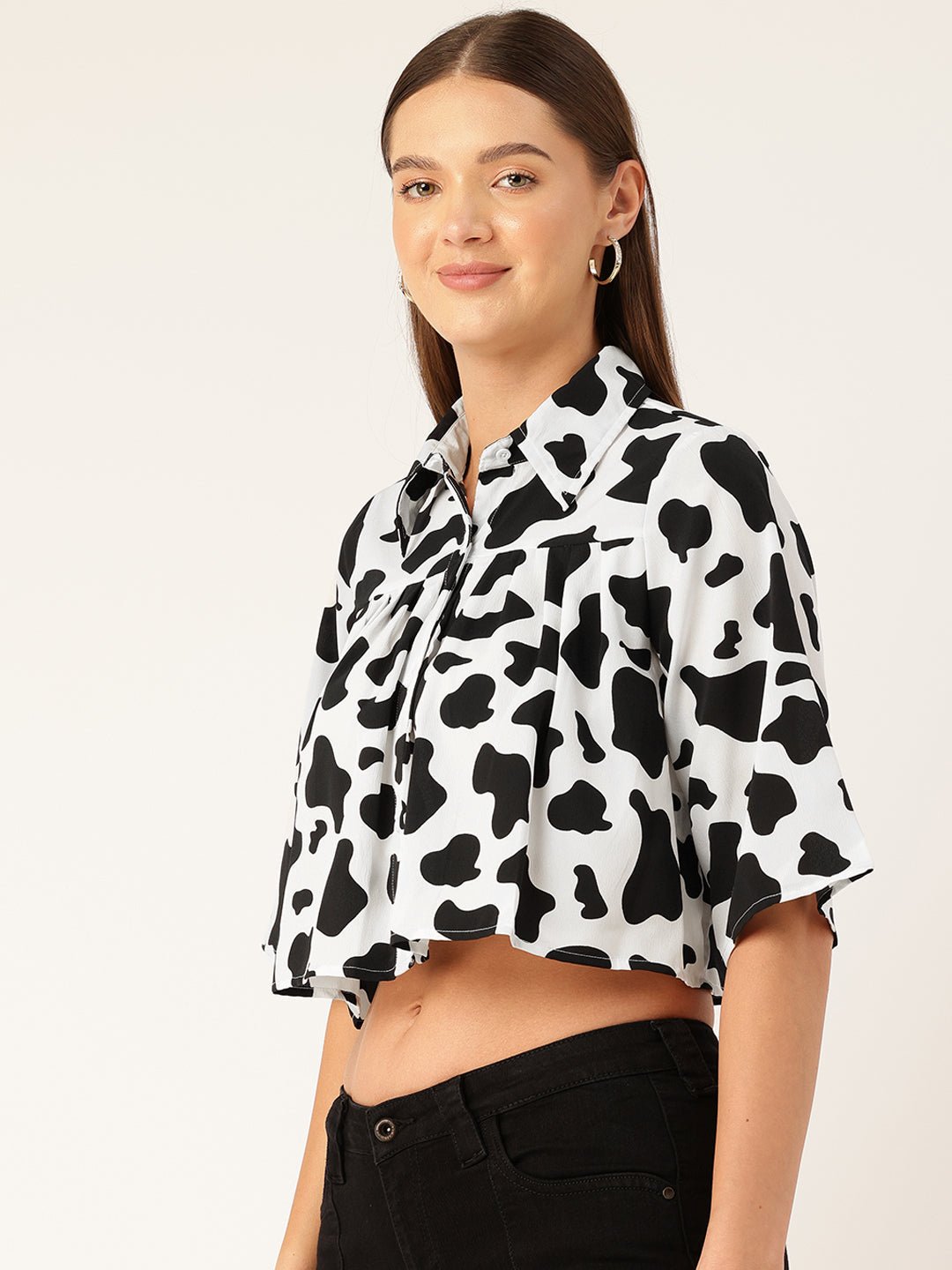 Animal Print Flared Sleeves Shirt Style Crop Top - RueCollections