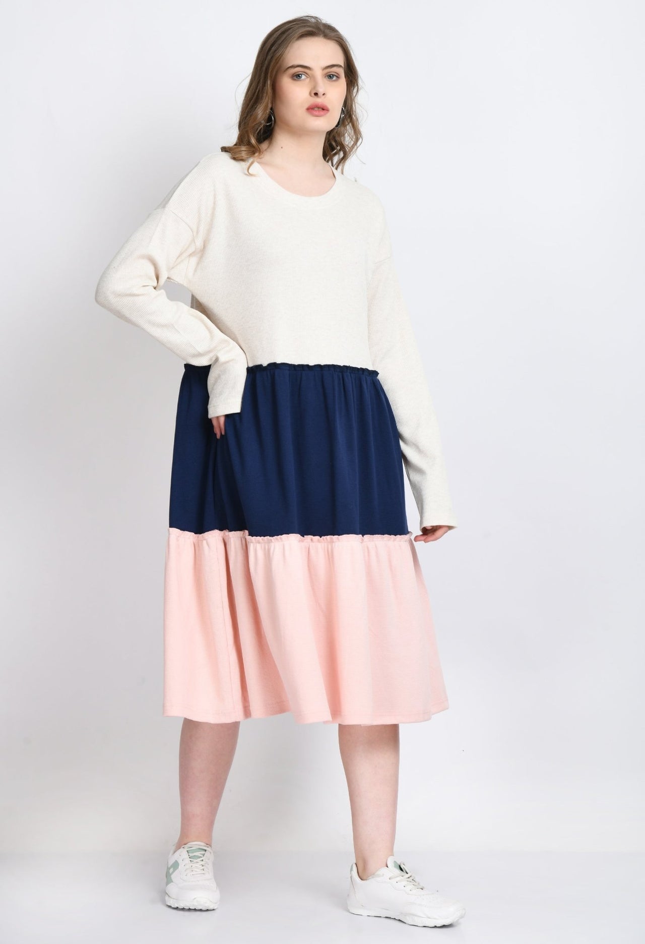 Beige Navy Pink Color Block Waffle Dress - RueCollections