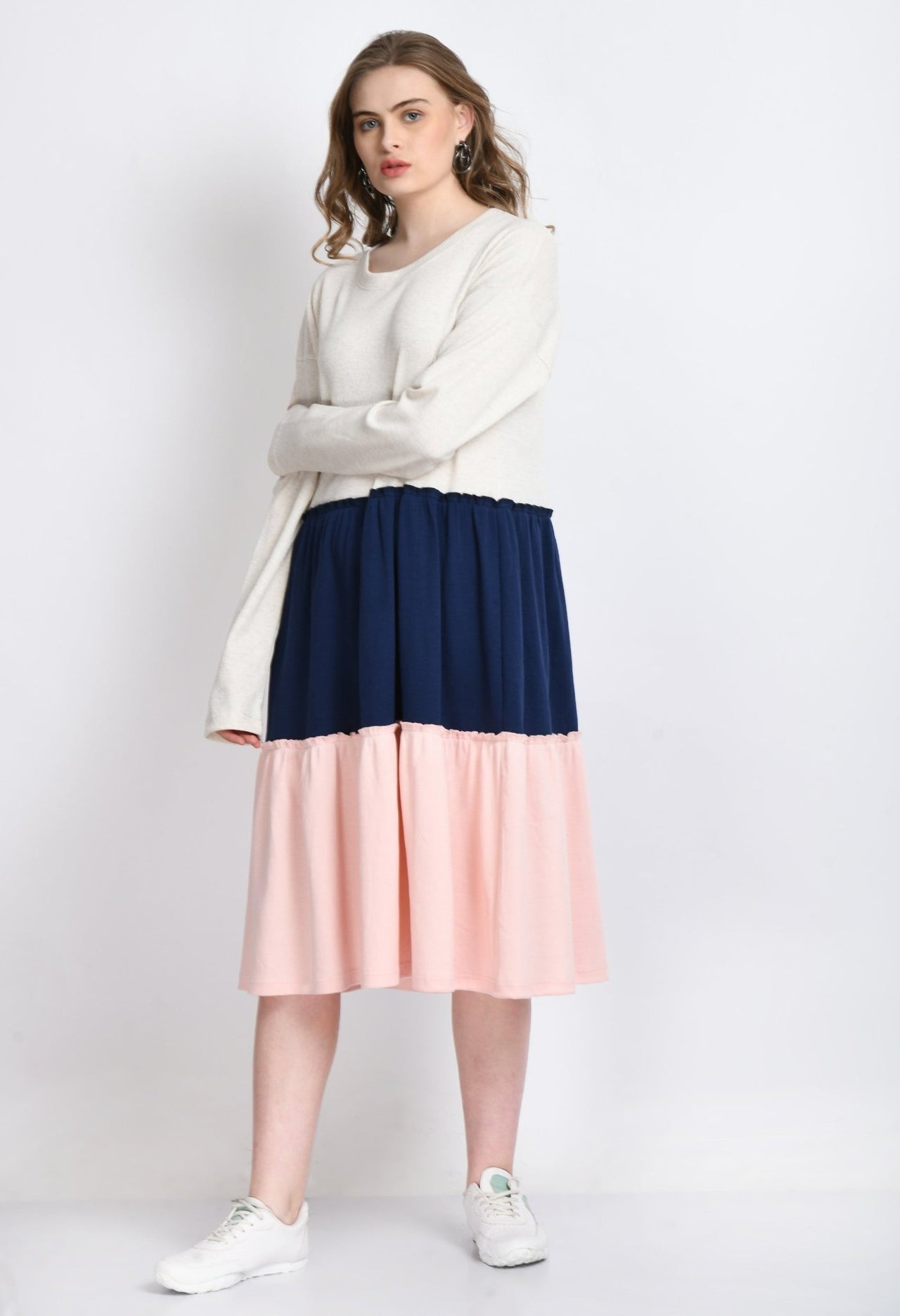 Beige Navy Pink Color Block Waffle Dress - RueCollections