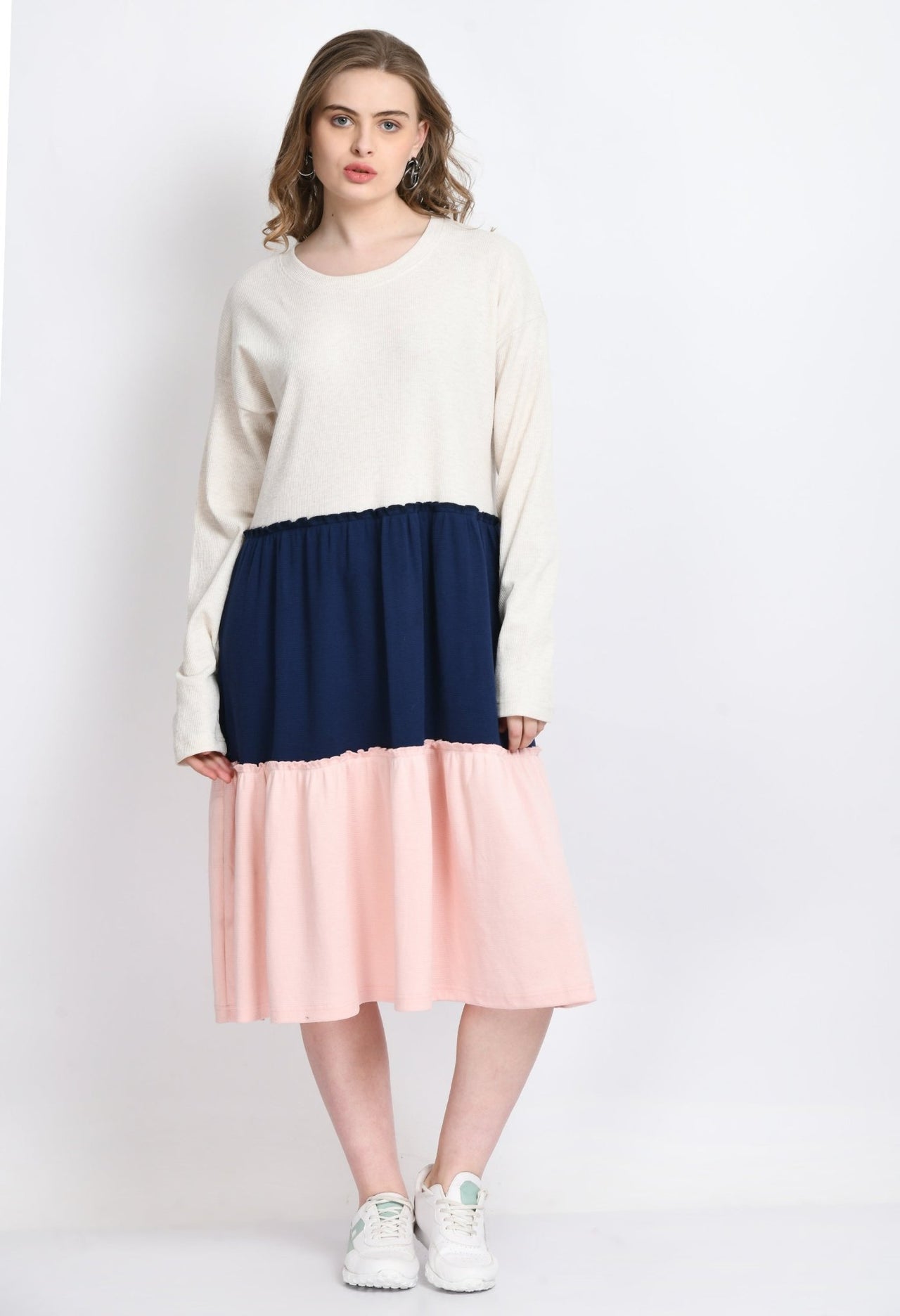 Beige Navy Pink Color Block Waffle Dress - RueCollections