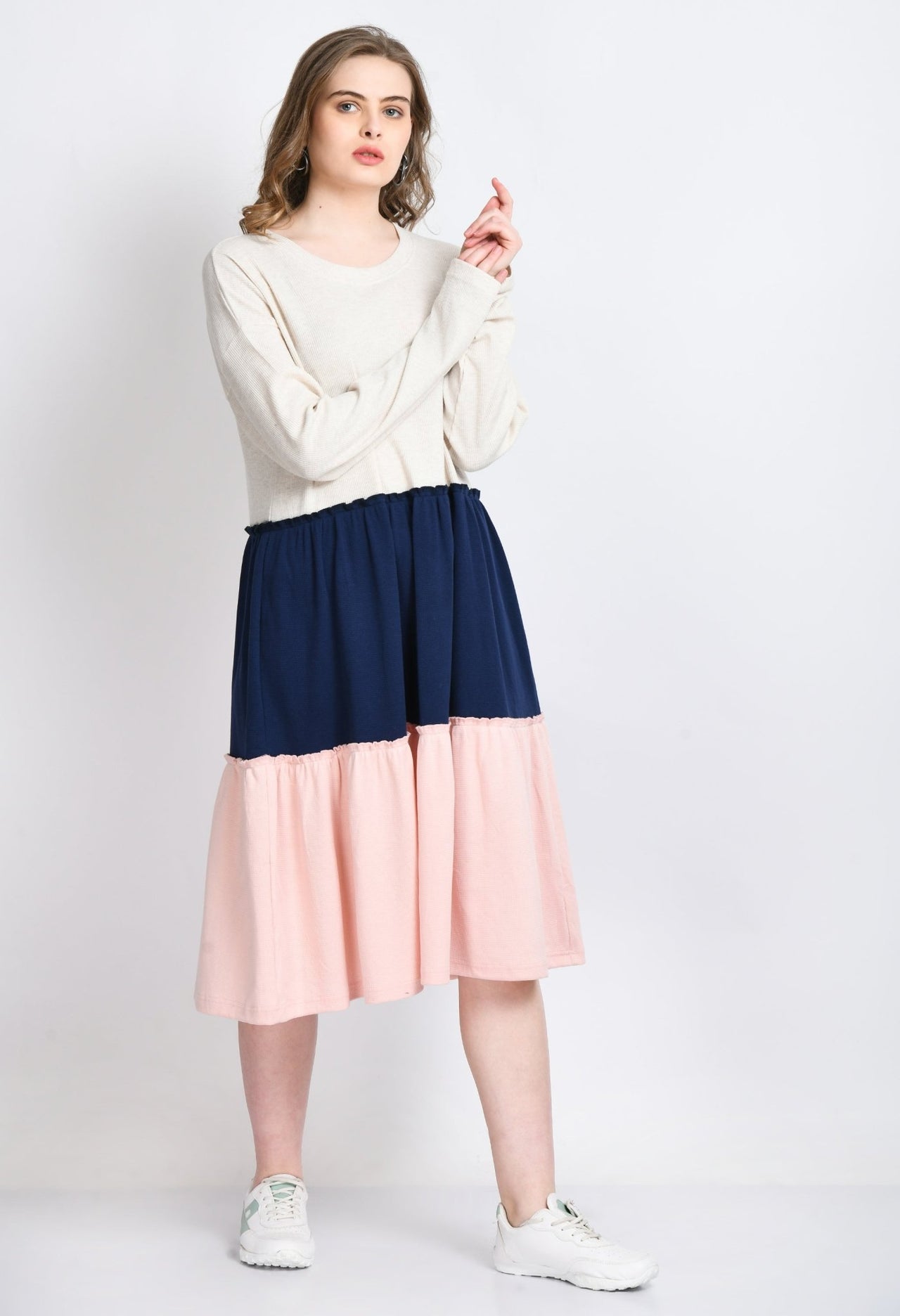 Beige Navy Pink Color Block Waffle Dress - RueCollections