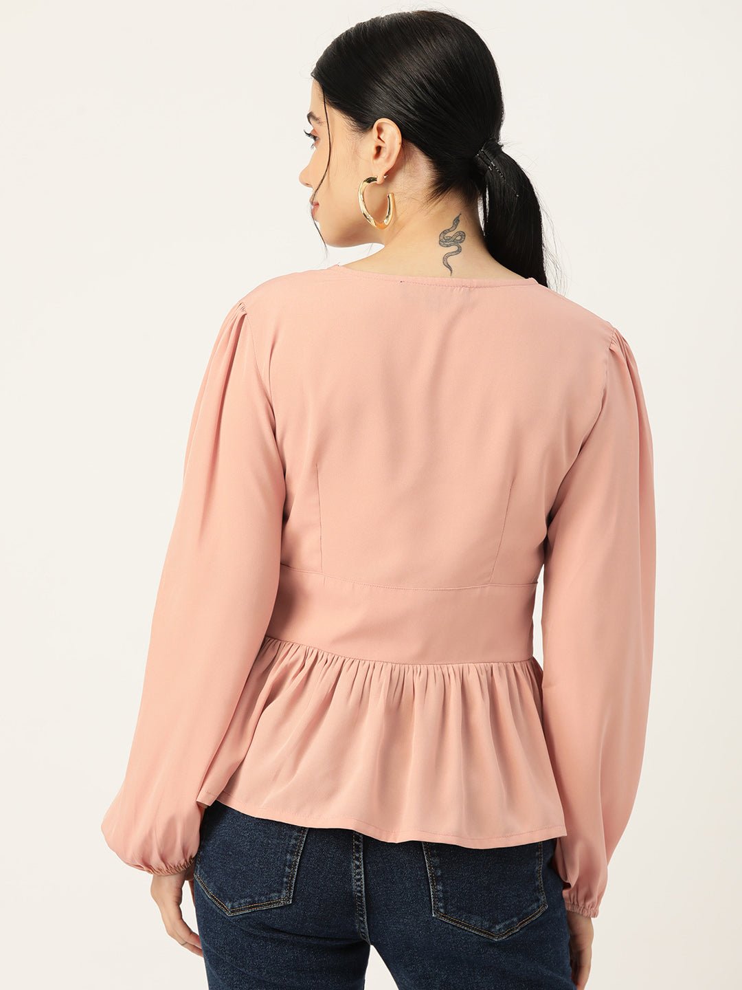 Beige Solid Puff Sleeve Crepe Peplum Top - RueCollections