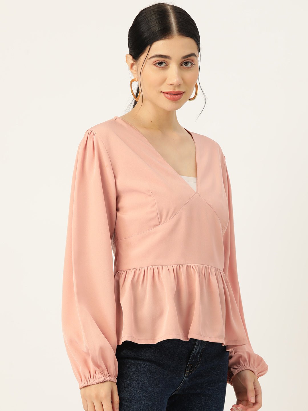 Beige Solid Puff Sleeve Crepe Peplum Top - RueCollections