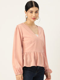 Thumbnail for Beige Solid Puff Sleeve Crepe Peplum Top - RueCollections