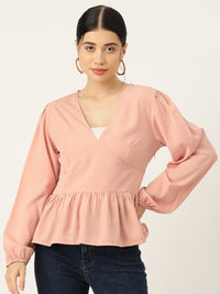 Thumbnail for Beige Solid Puff Sleeve Crepe Peplum Top - RueCollections