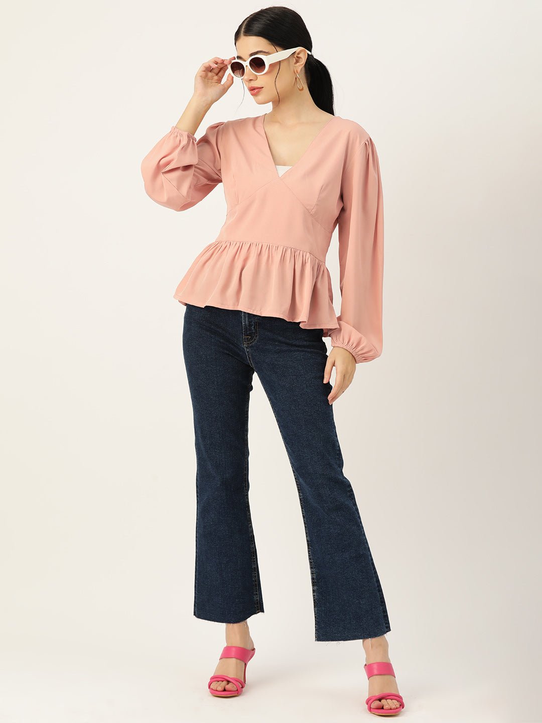 Beige Solid Puff Sleeve Crepe Peplum Top - RueCollections