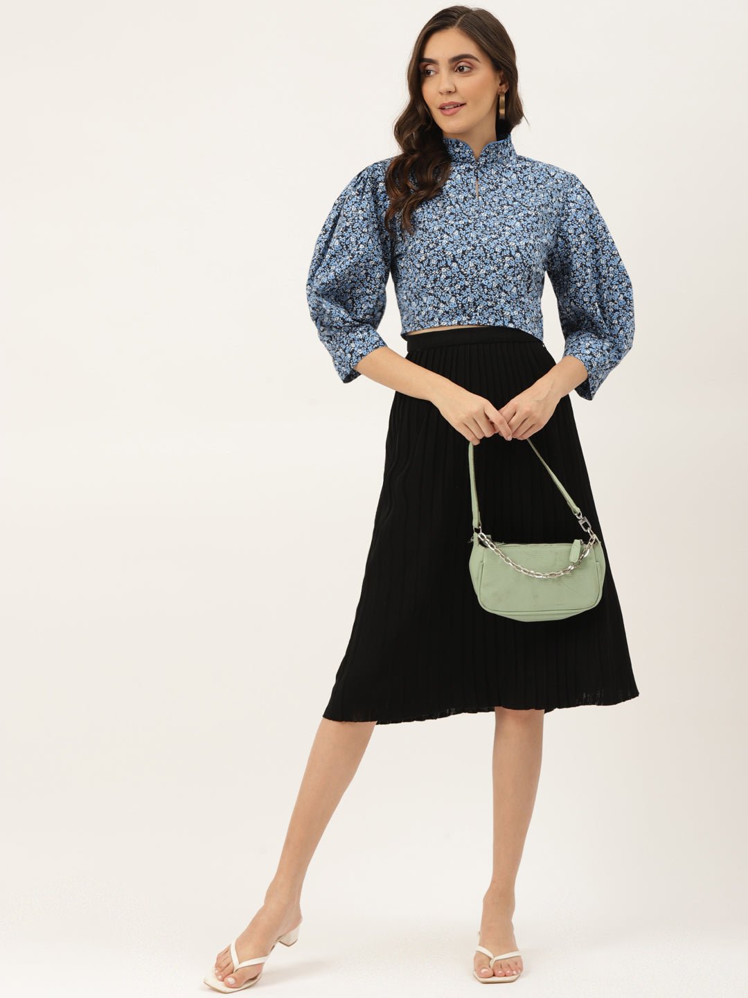 Black & Blue Floral Print Mandarin Collar Shirt Style Crop Top - RueCollections