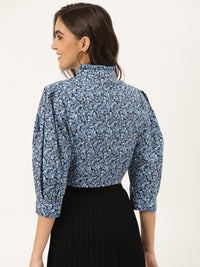 Thumbnail for Black & Blue Floral Print Mandarin Collar Shirt Style Crop Top - RueCollections