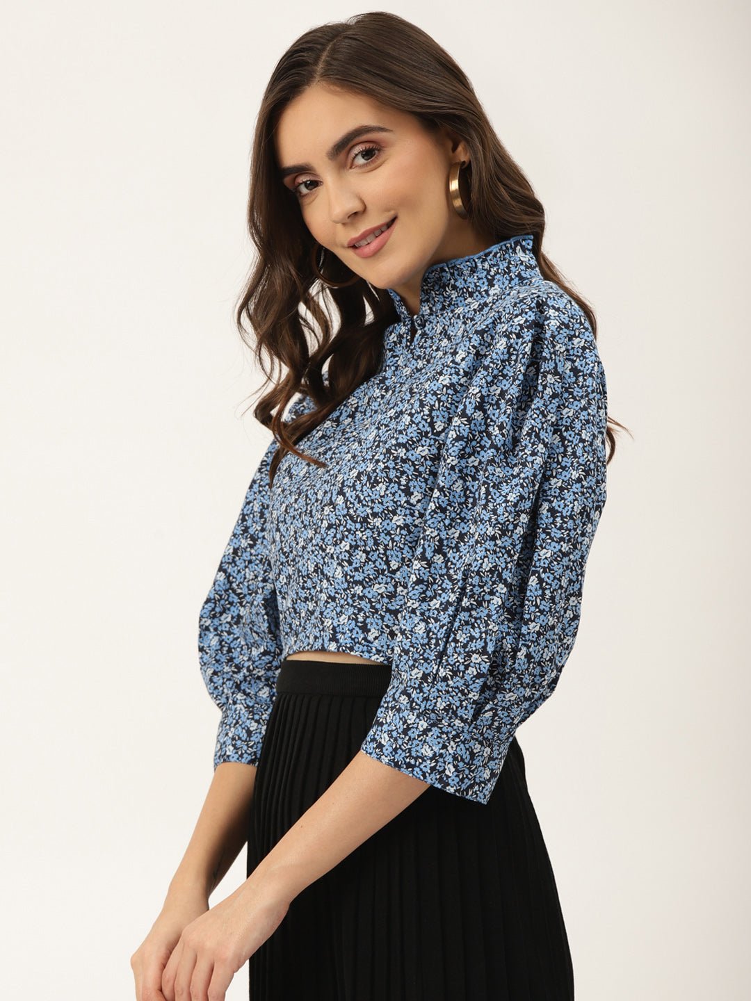 Black & Blue Floral Print Mandarin Collar Shirt Style Crop Top - RueCollections