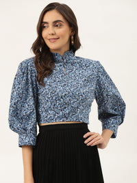 Thumbnail for Black & Blue Floral Print Mandarin Collar Shirt Style Crop Top - RueCollections