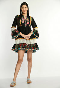 Thumbnail for Black Boho Embroidered Cutwork Dress - RueCollections