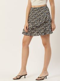 Thumbnail for Black Ditsy Floral Printed Ruffles Detail Above - Knee Skirt - RueCollections