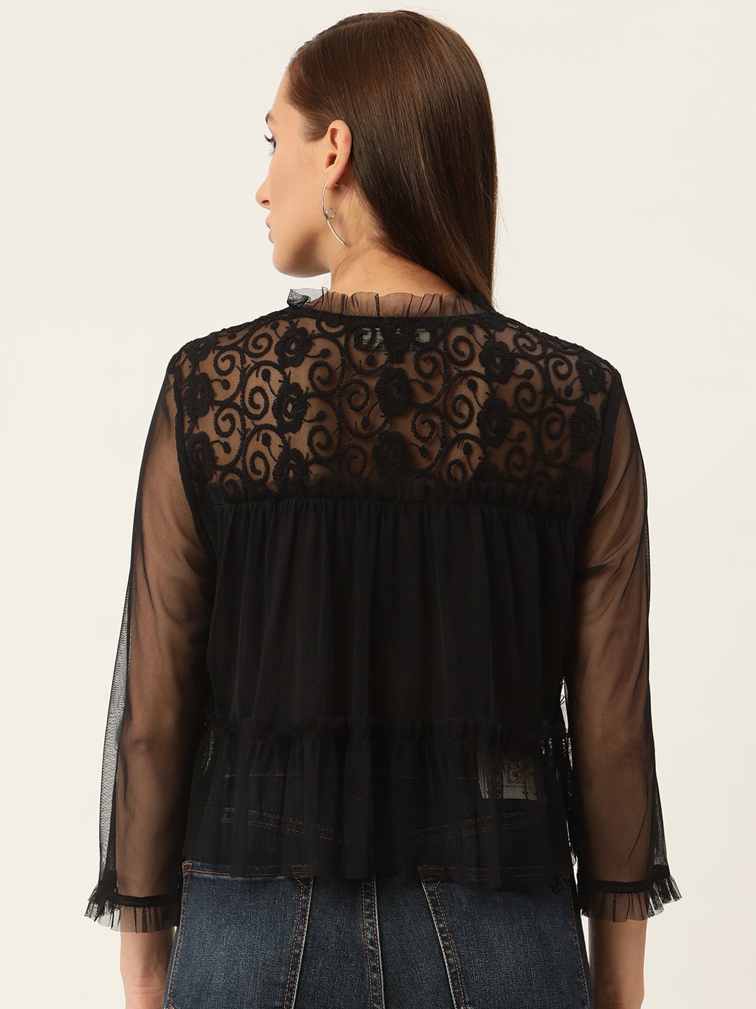 Black Floral Embroidered Sheer Net Top - RueCollections