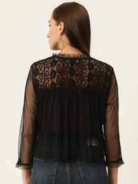 Thumbnail for Black Floral Embroidered Sheer Net Top - RueCollections