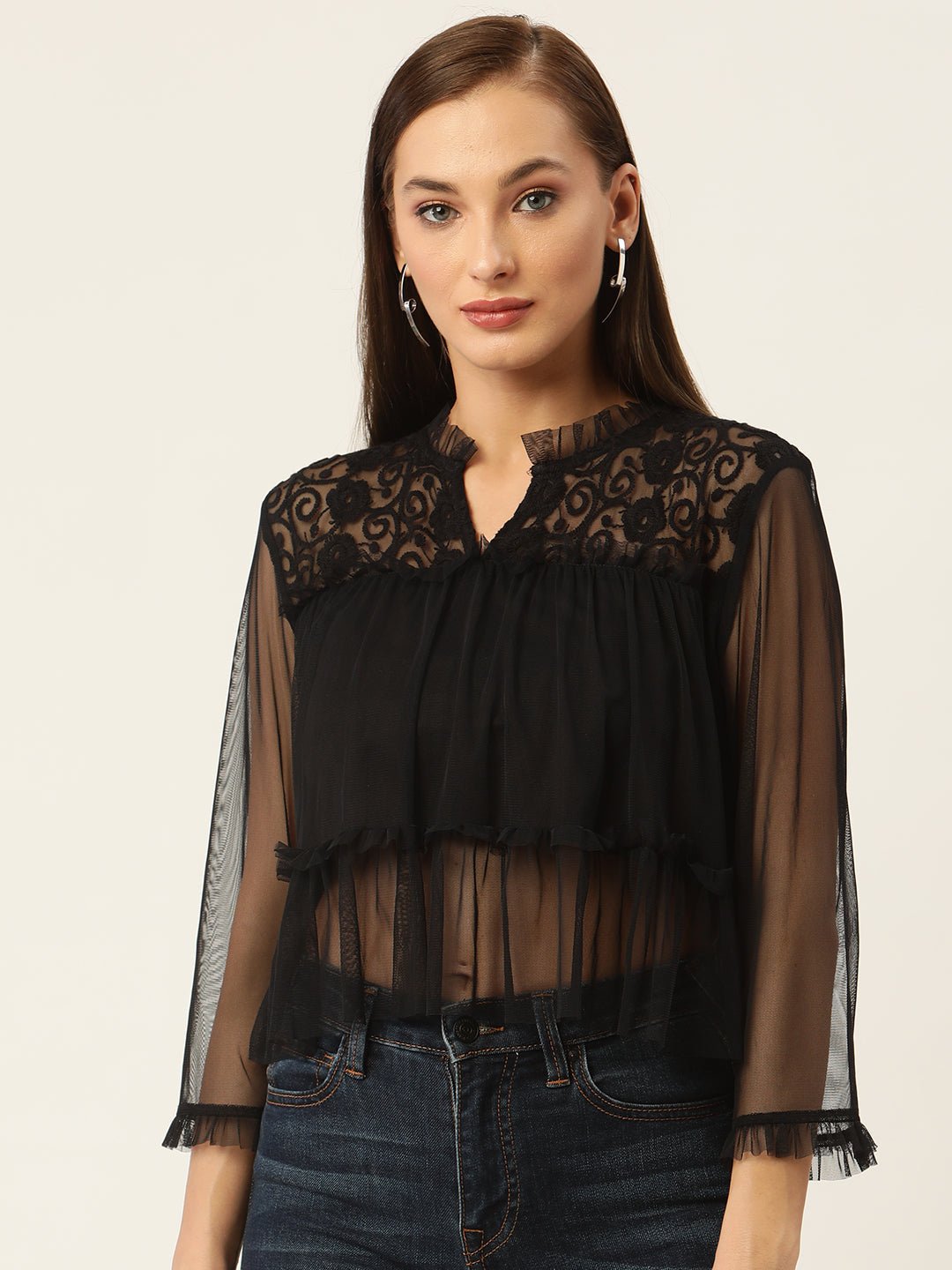 black sheer floral top