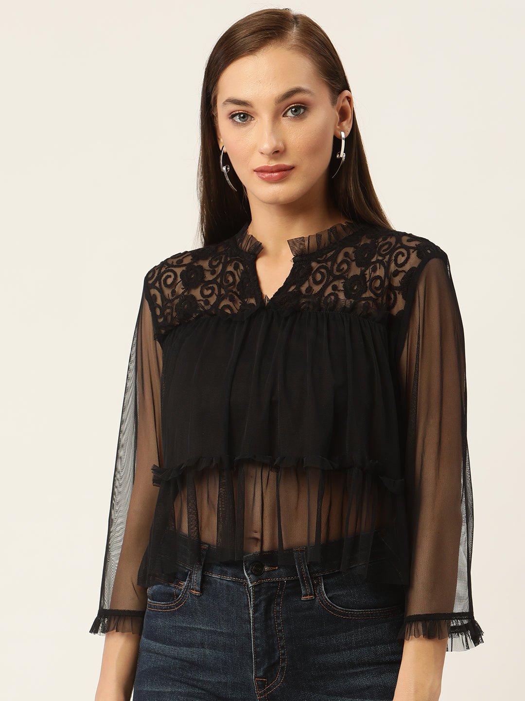 Black Floral Embroidered Sheer Net Top - RueCollections