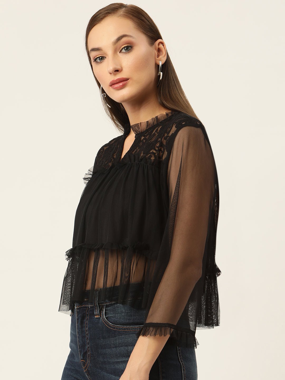 Black Floral Embroidered Sheer Net Top - RueCollections