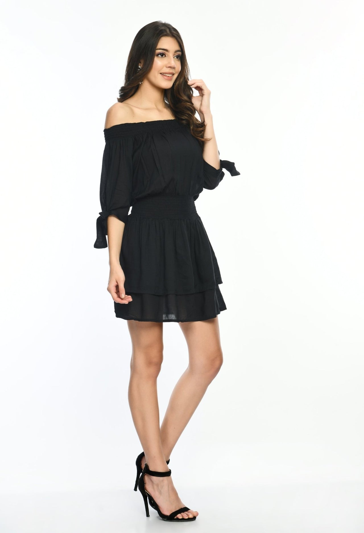 Black Off Shoulder Tiered Dress - RueCollections