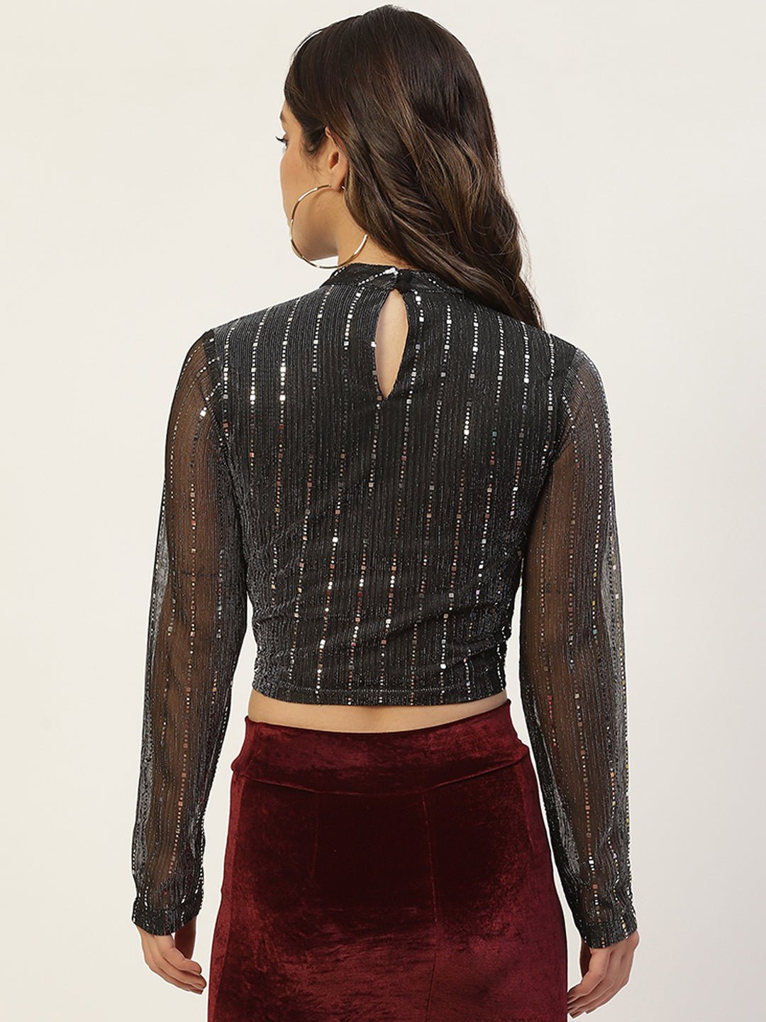 Black Sequined Stretchable Crop Top - RueCollections