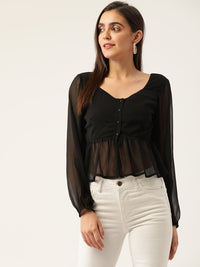 Thumbnail for Black Solid Semi Sheer Peplum Top - RueCollections