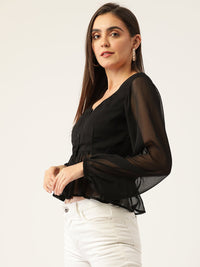 Thumbnail for Black Solid Semi Sheer Peplum Top - RueCollections