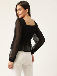 Thumbnail for Black Solid Semi Sheer Peplum Top - RueCollections