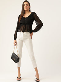 Thumbnail for Black Solid Semi Sheer Peplum Top - RueCollections