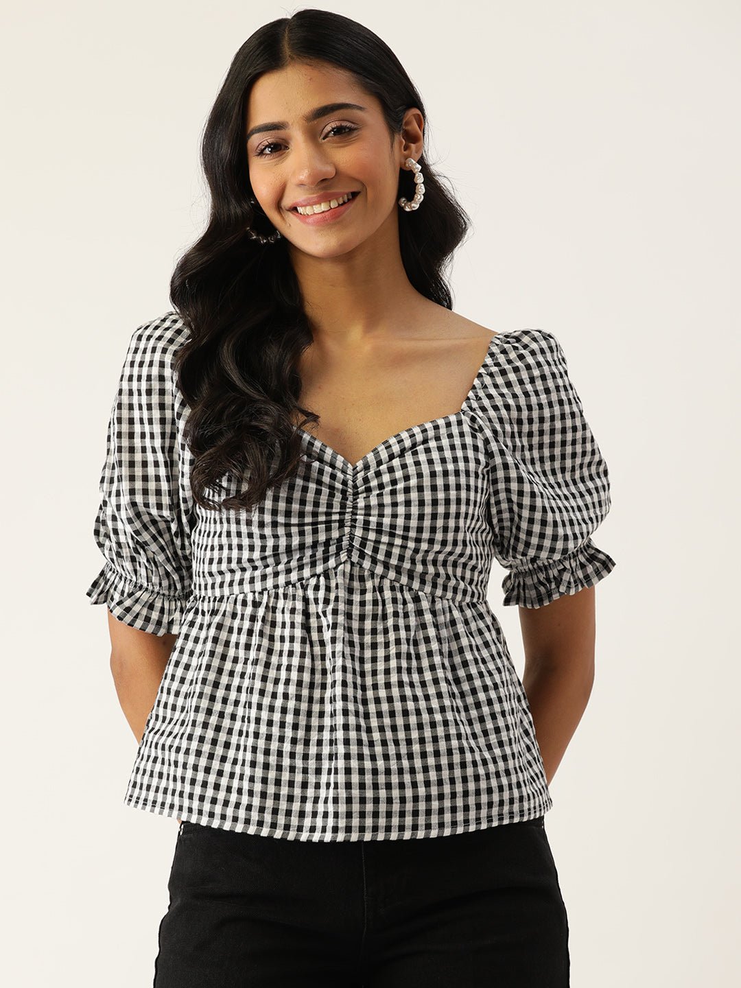 Black & White Checked Blouson Top - RueCollections