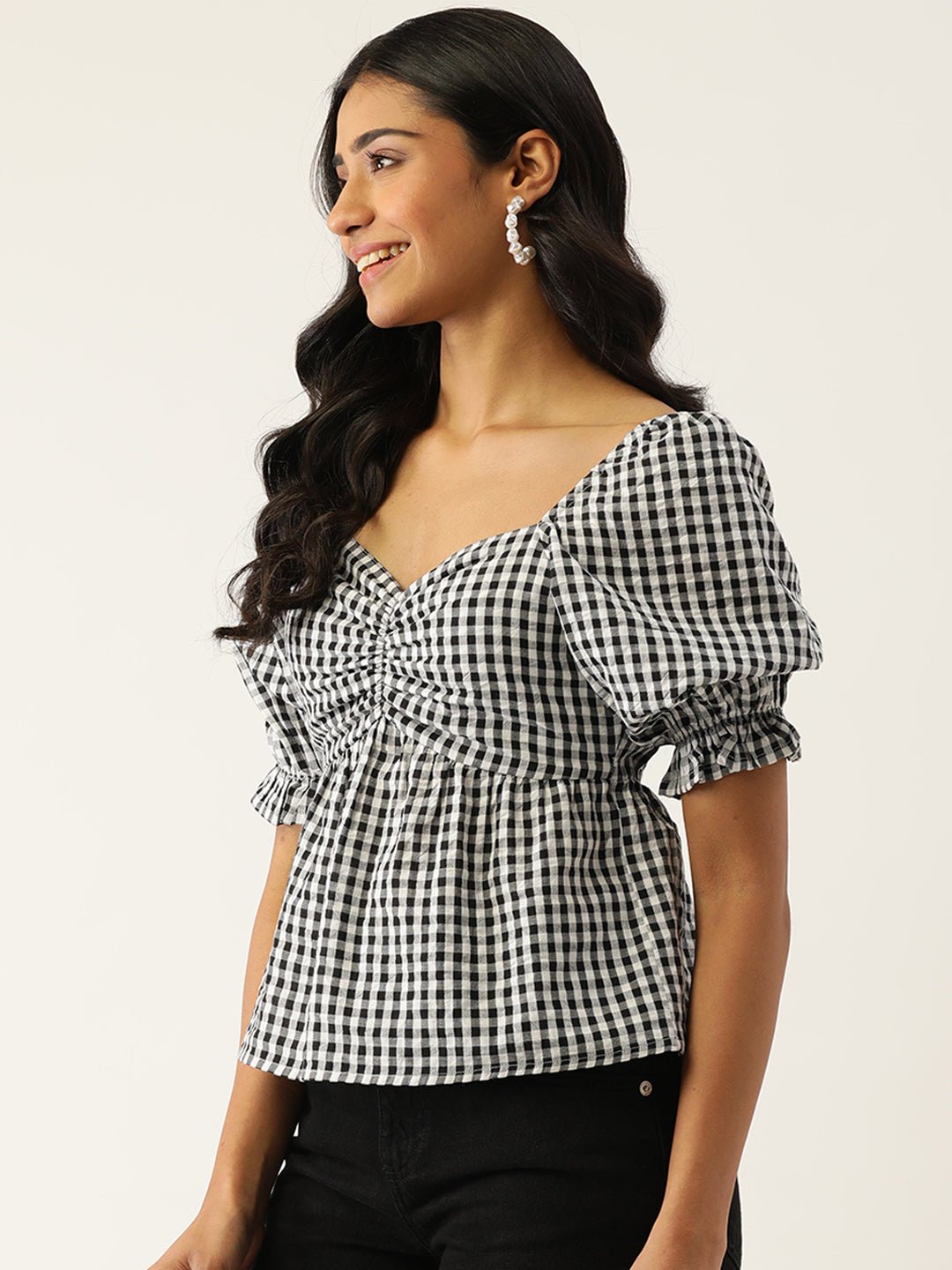 Black & White Checked Blouson Top - RueCollections