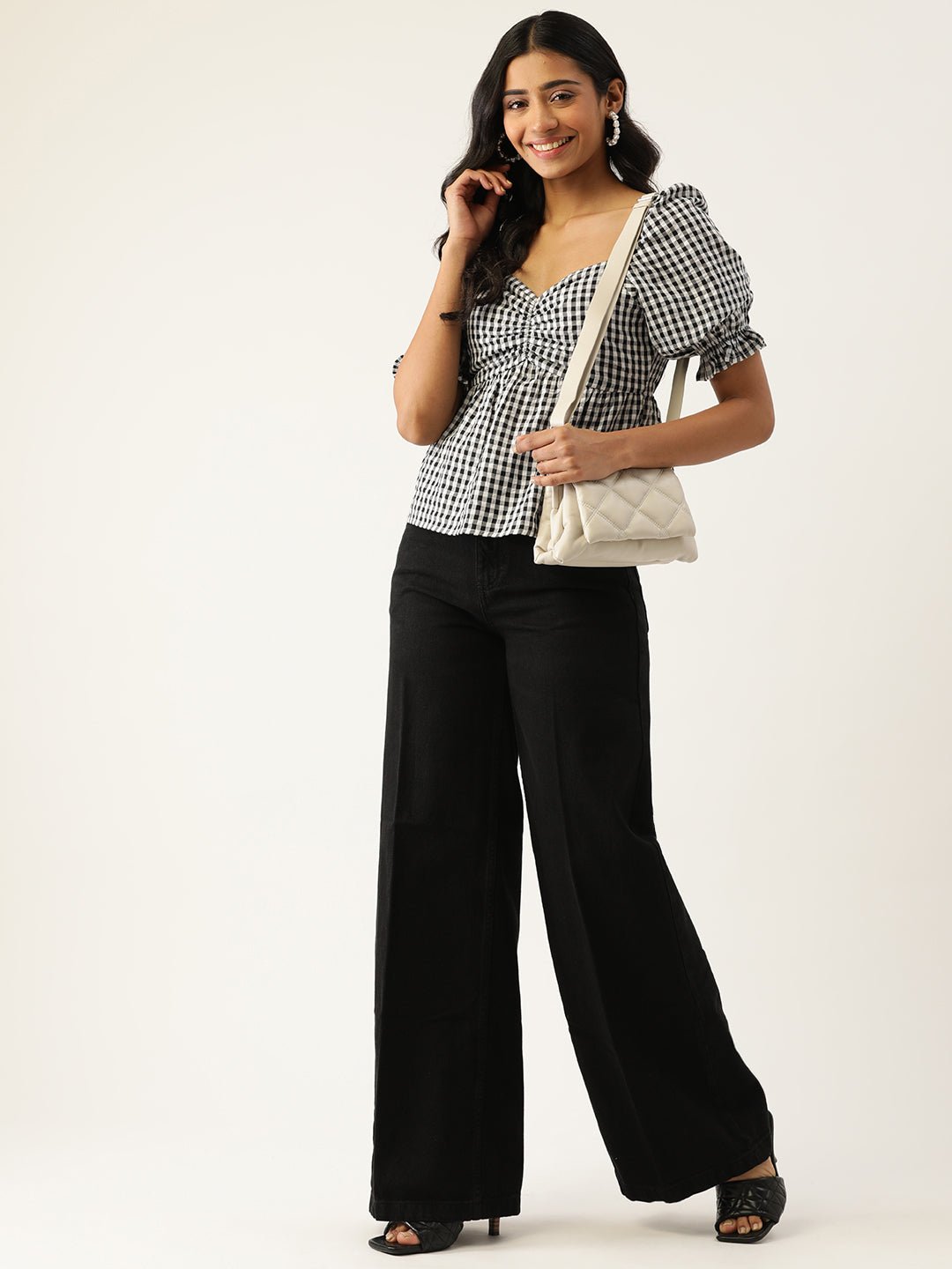 Black & White Checked Blouson Top - RueCollections