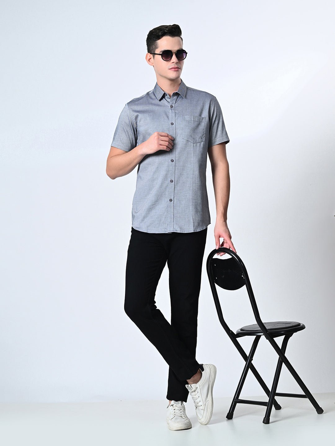 Blue Chambray Half Sleeve Shirt - RueCollections