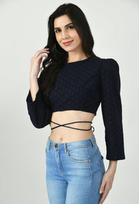 Thumbnail for Blue Full Sleeves Schiffli Cropped Top - RueCollections