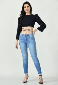 Thumbnail for Blue Full Sleeves Schiffli Cropped Top - RueCollections