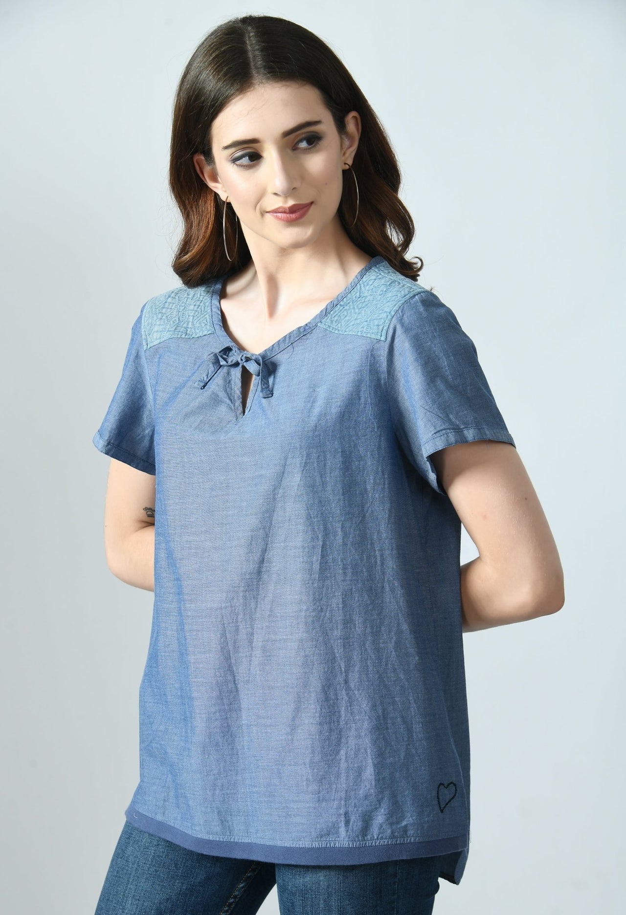 BLUE KNOT DENIM LOOK TOP - RueCollections