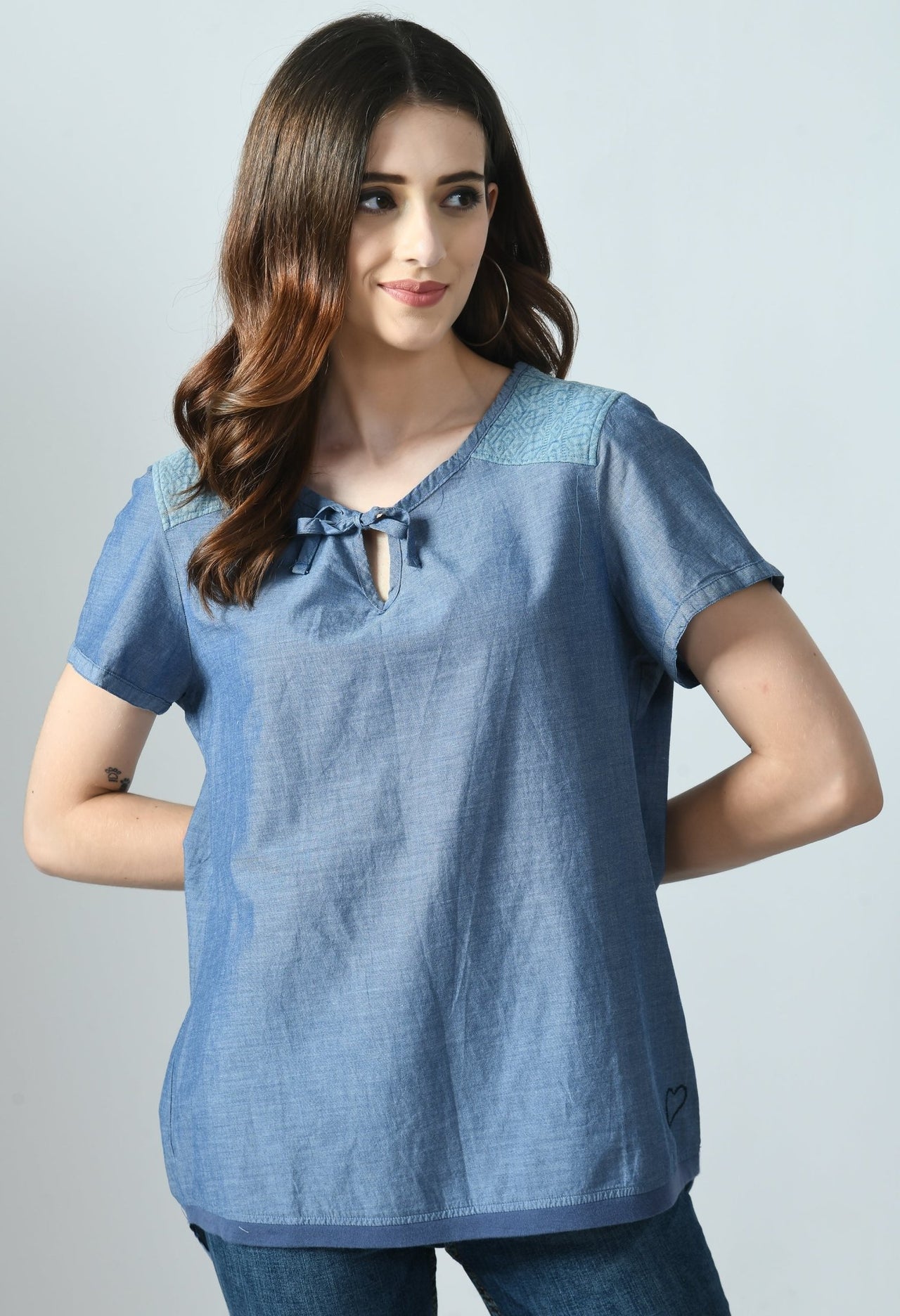 BLUE KNOT DENIM LOOK TOP - RueCollections