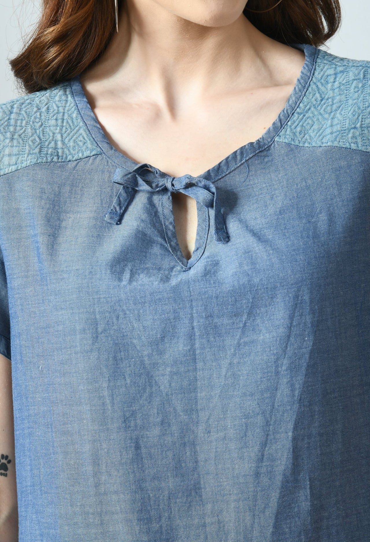 BLUE KNOT DENIM LOOK TOP - RueCollections