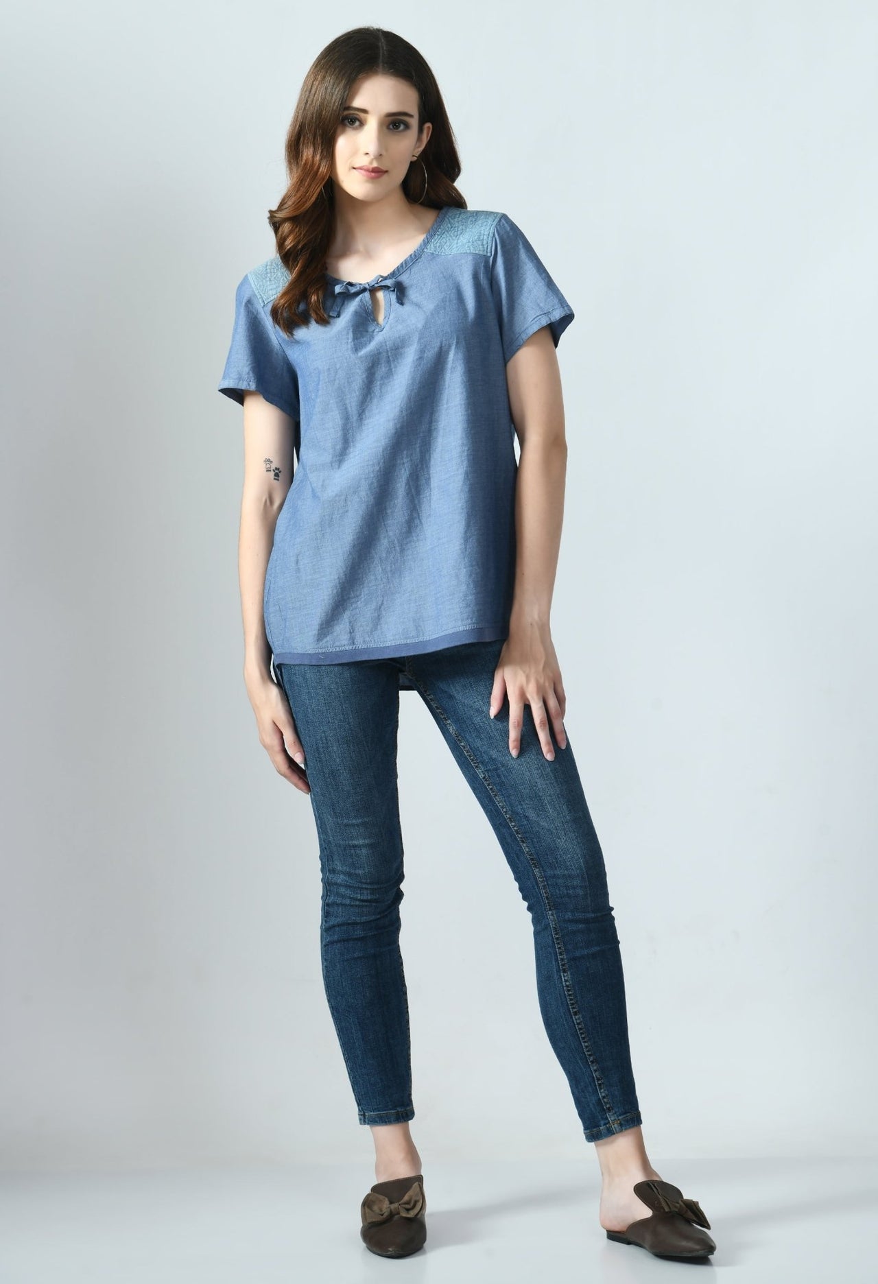 BLUE KNOT DENIM LOOK TOP - RueCollections