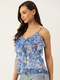 Thumbnail for Blue & Orange Print Ruffles Top - RueCollections