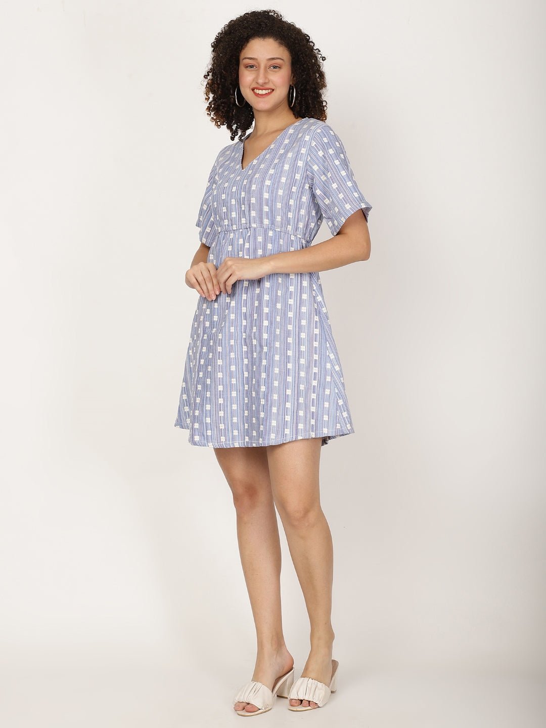 Blue Printed Fit and Flare Dress - RueCollections