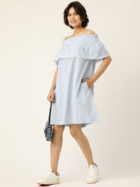 Thumbnail for Blue & White Pure Cotton Striped Blouson Dress - RueCollections