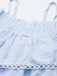 Thumbnail for Blue & White Pure Cotton Striped Blouson Dress - RueCollections