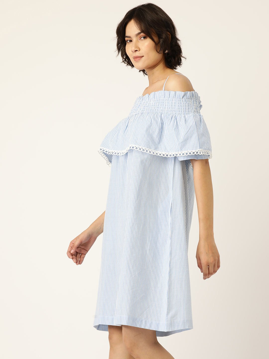 Blue & White Pure Cotton Striped Blouson Dress - RueCollections