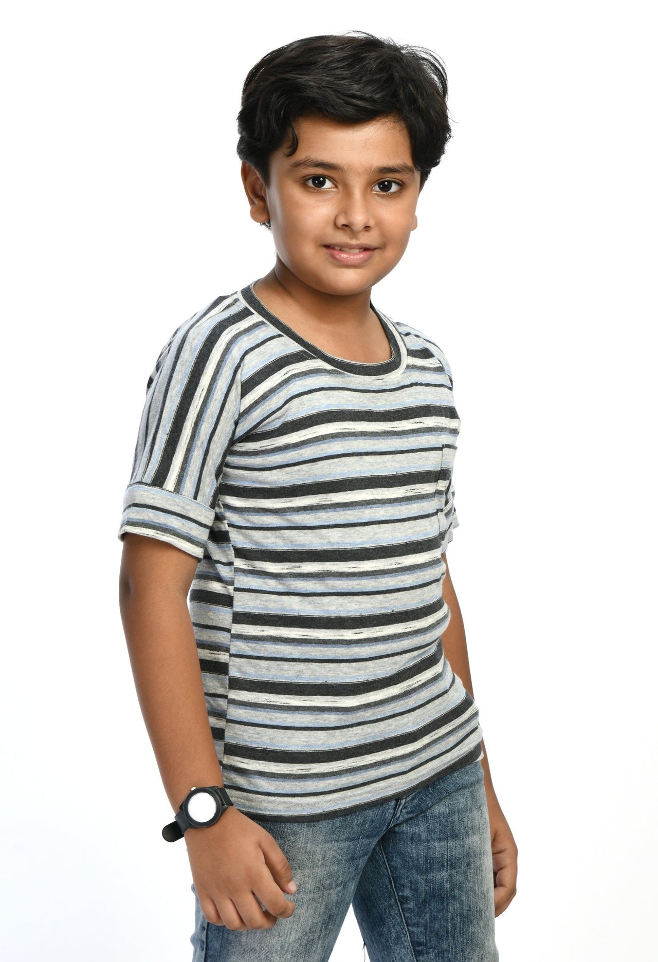 Boys Horizontal Striped T-shirt With Chest Pocket - RueCollections