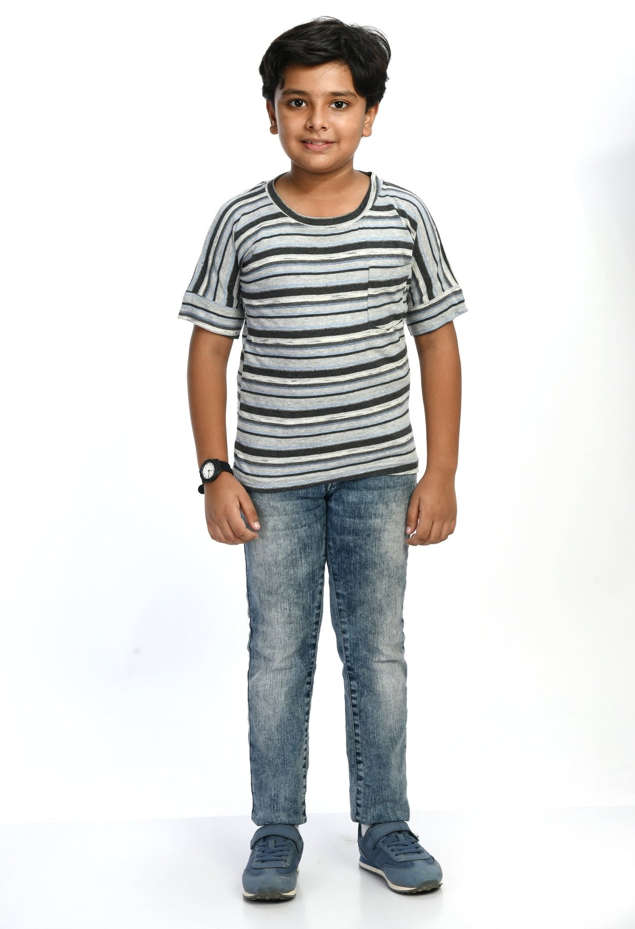 Boys Horizontal Striped T-shirt With Chest Pocket - RueCollections