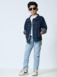 Thumbnail for Boys Navy Blue Washed Denim Jacket - RueCollections