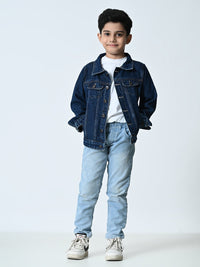 Thumbnail for Boys Navy Blue Washed Denim Jacket - RueCollections