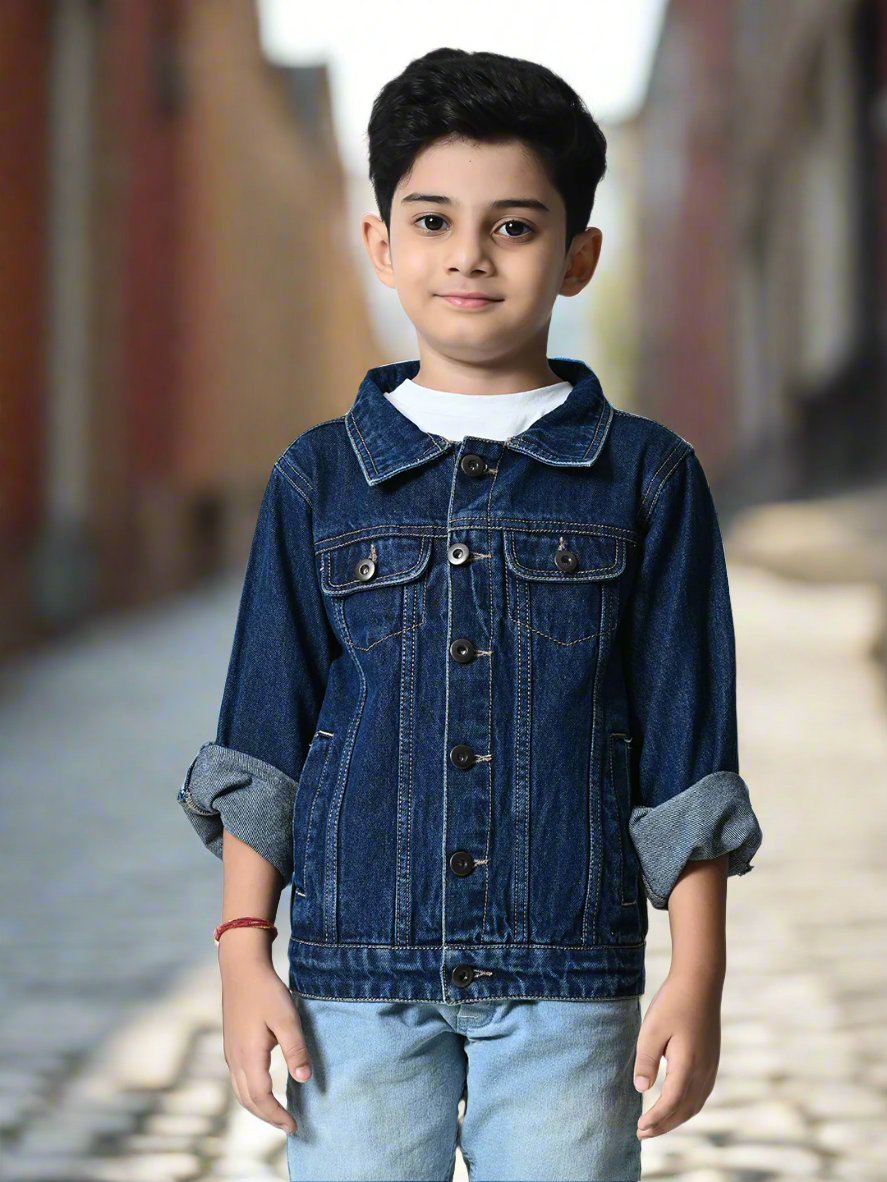 Boys Navy Blue Washed Denim Jacket - RueCollections