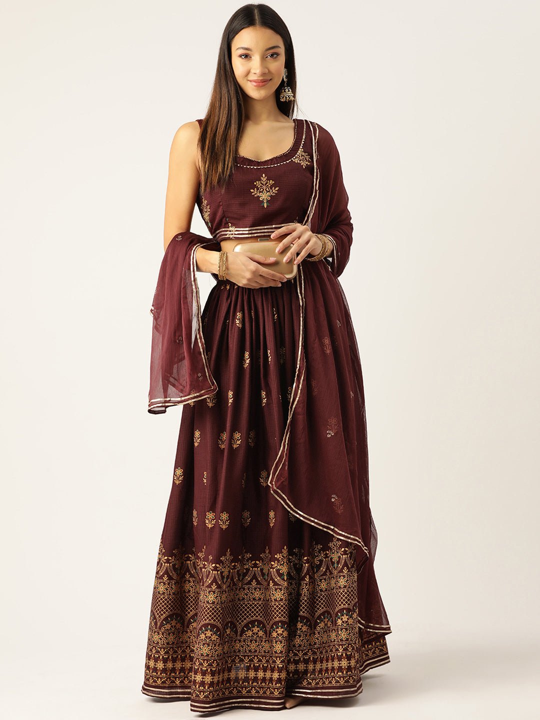 Brown and beige Ready to Wear Lehenga & Blouse With Dupatta - RueCollections