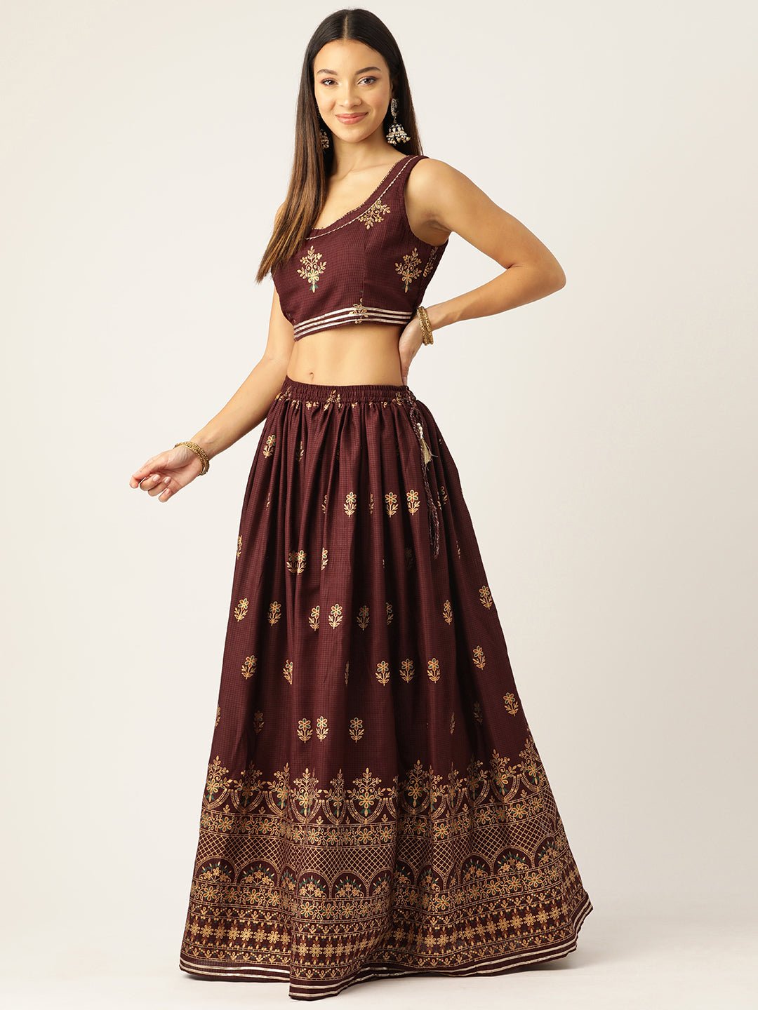 Brown and beige Ready to Wear Lehenga & Blouse With Dupatta - RueCollections